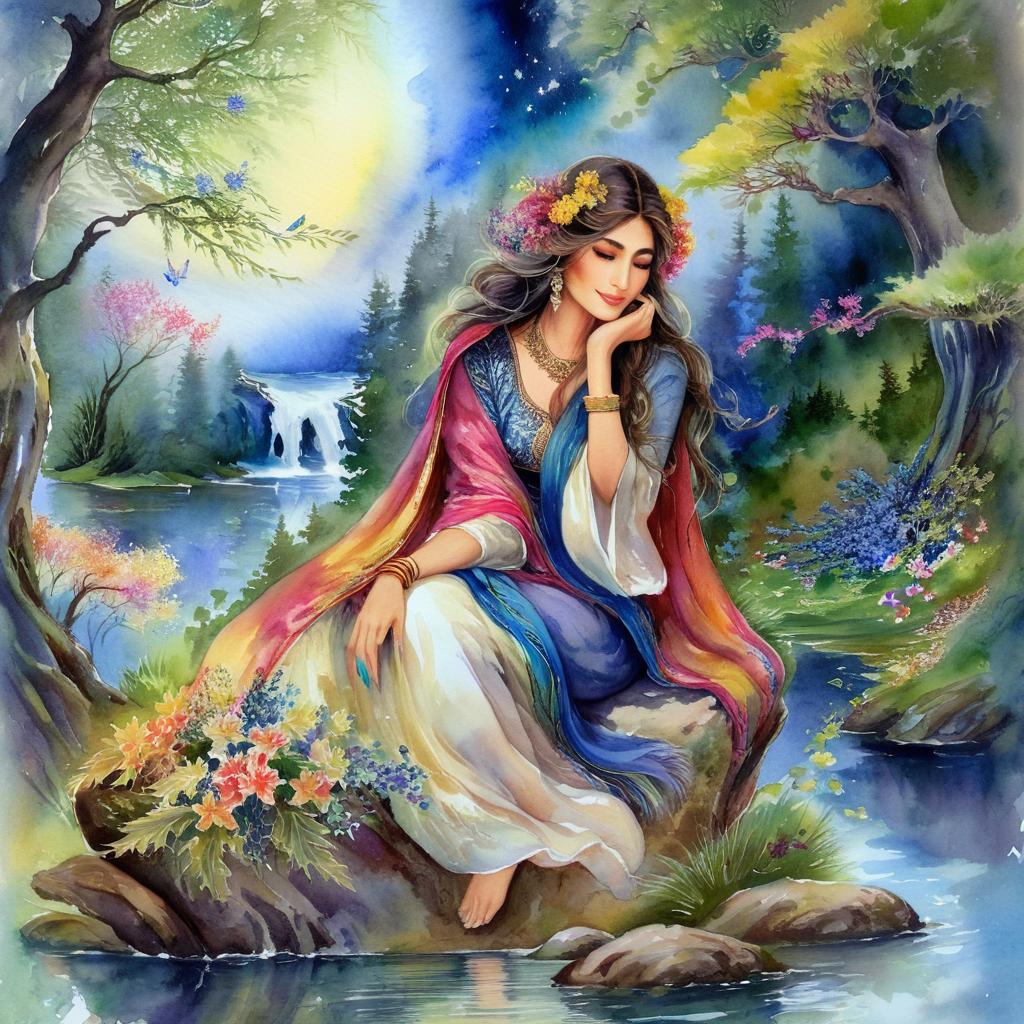 Mystical and spiritual watercolor painting of a beautiful Iranian woman sitting on a rock on a beautiful and peaceful pond in a dense forest with cypress trees, plane trees, grapevines, winding bonsai trees, and a whirlwind of colorful flowers and beautiful.