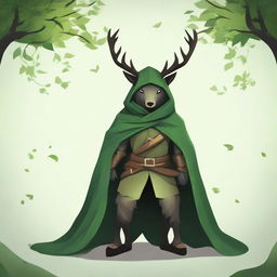 An icon of a green assassin, shrouded in a deer mantle, blending with nature with a Demonstration of purposeful stealth and agility.