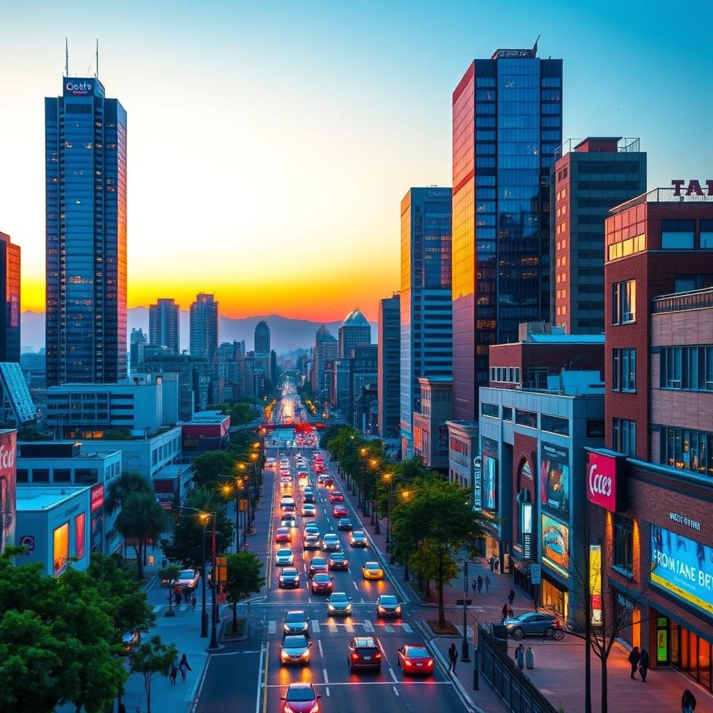 A vibrant urban cityscape at dusk featuring tall modern skyscrapers with sparkling lights, busy streets filled with pedestrians and cars, a clear blue sky transitioning to orange and purple hues as the sun sets