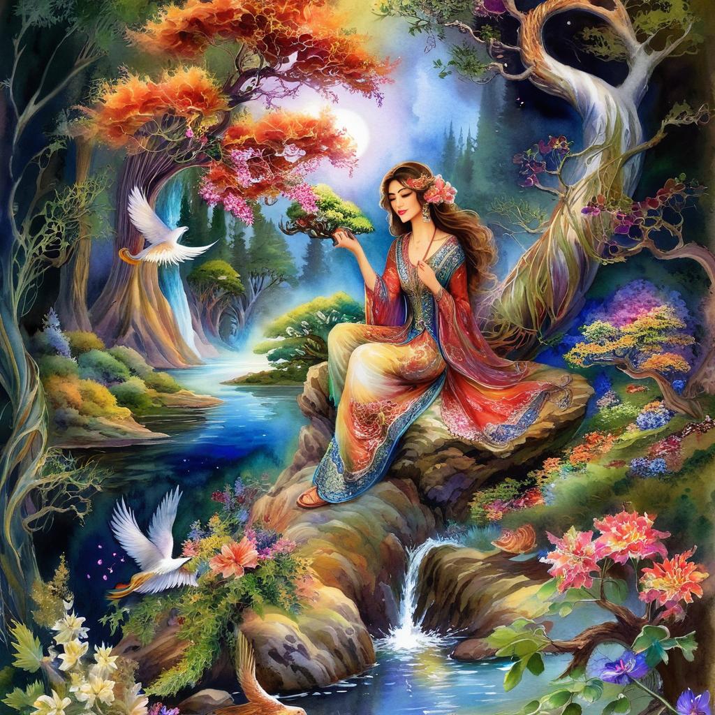 Mystical and spiritual watercolor painting of a beautiful Iranian woman sitting on a rock on a beautiful and peaceful pond in a dense forest with cypress trees, plane trees, grapevines, winding bonsai trees, and a whirlwind of colorful flowers and beautiful.