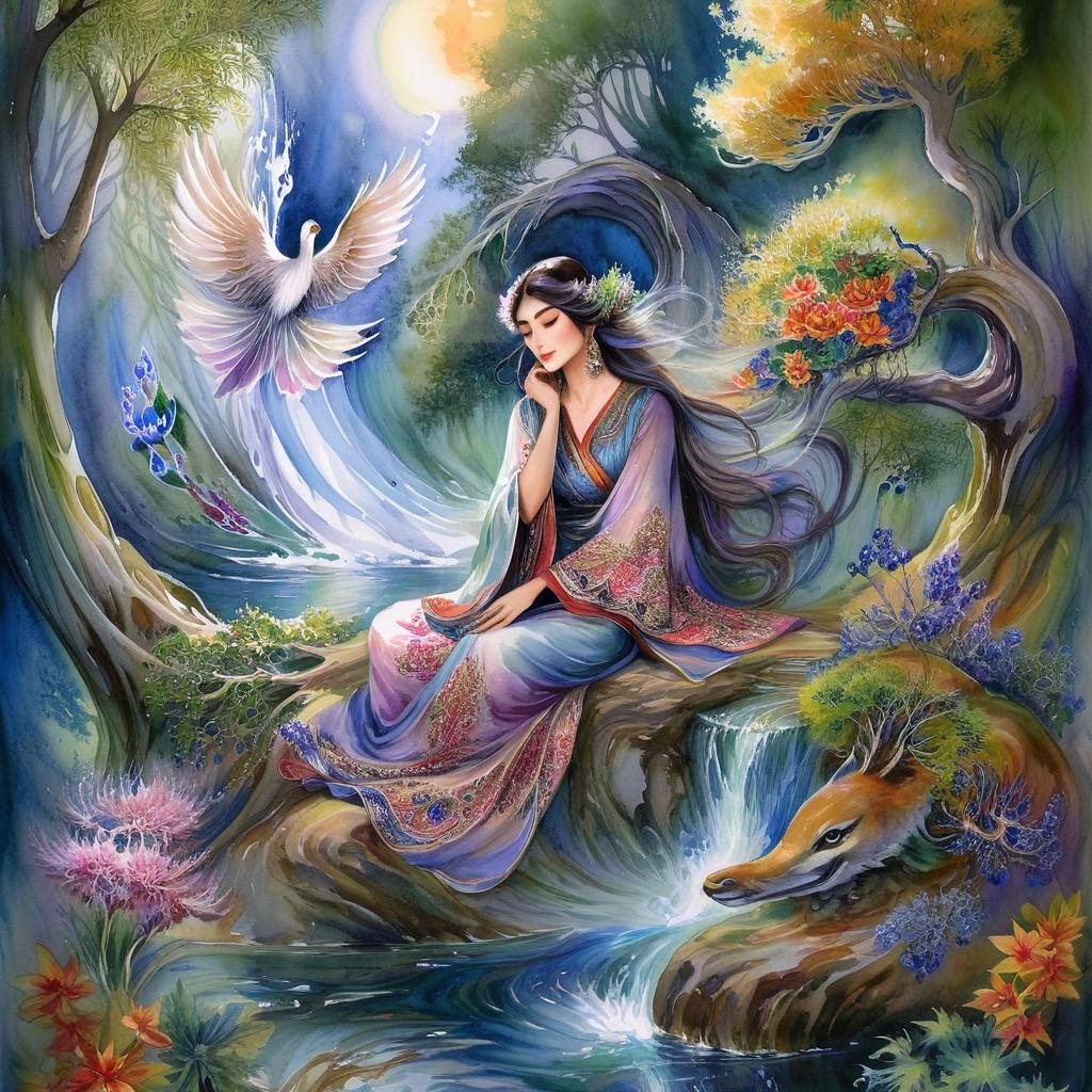 Mystical and spiritual watercolor painting of a beautiful Iranian woman sitting on a rock on a beautiful and peaceful pond in a dense forest with cypress trees, plane trees, grapevines, winding bonsai trees, and a whirlwind of colorful flowers and beautiful.