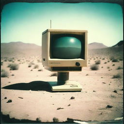 An 80s computer affixed onto a post in the middle of an arid desert, captured within a slightly faded, old Polaroid photo.