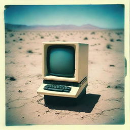 An 80s computer affixed onto a post in the middle of an arid desert, captured within a slightly faded, old Polaroid photo.