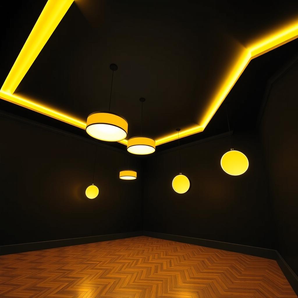 A stylish interior room with a parquet floor, featuring matte black walls and ceiling