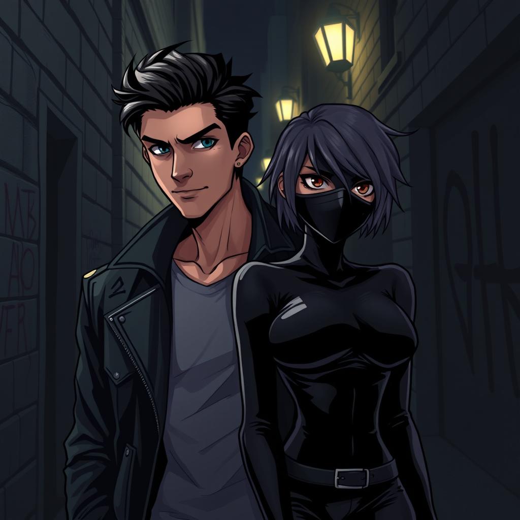 A dark romance illustration featuring a young mafia guy and a thief girl