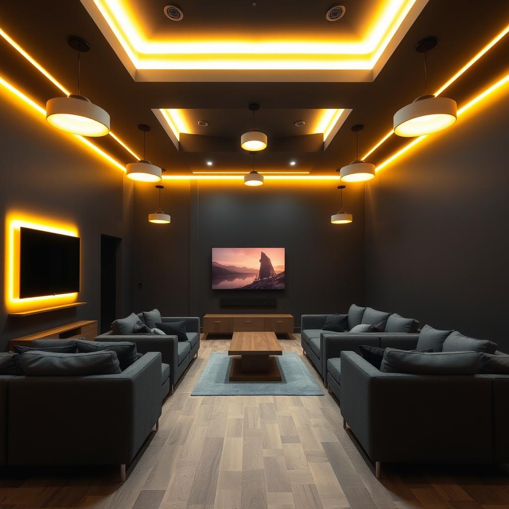 A modern interior room with a parquet floor, featuring matte black walls and ceiling