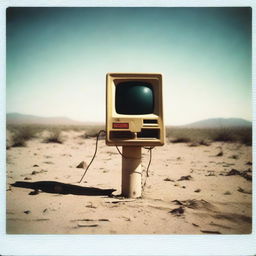 An 80s computer affixed onto a post in the middle of an arid desert, captured within a slightly faded, old Polaroid photo.