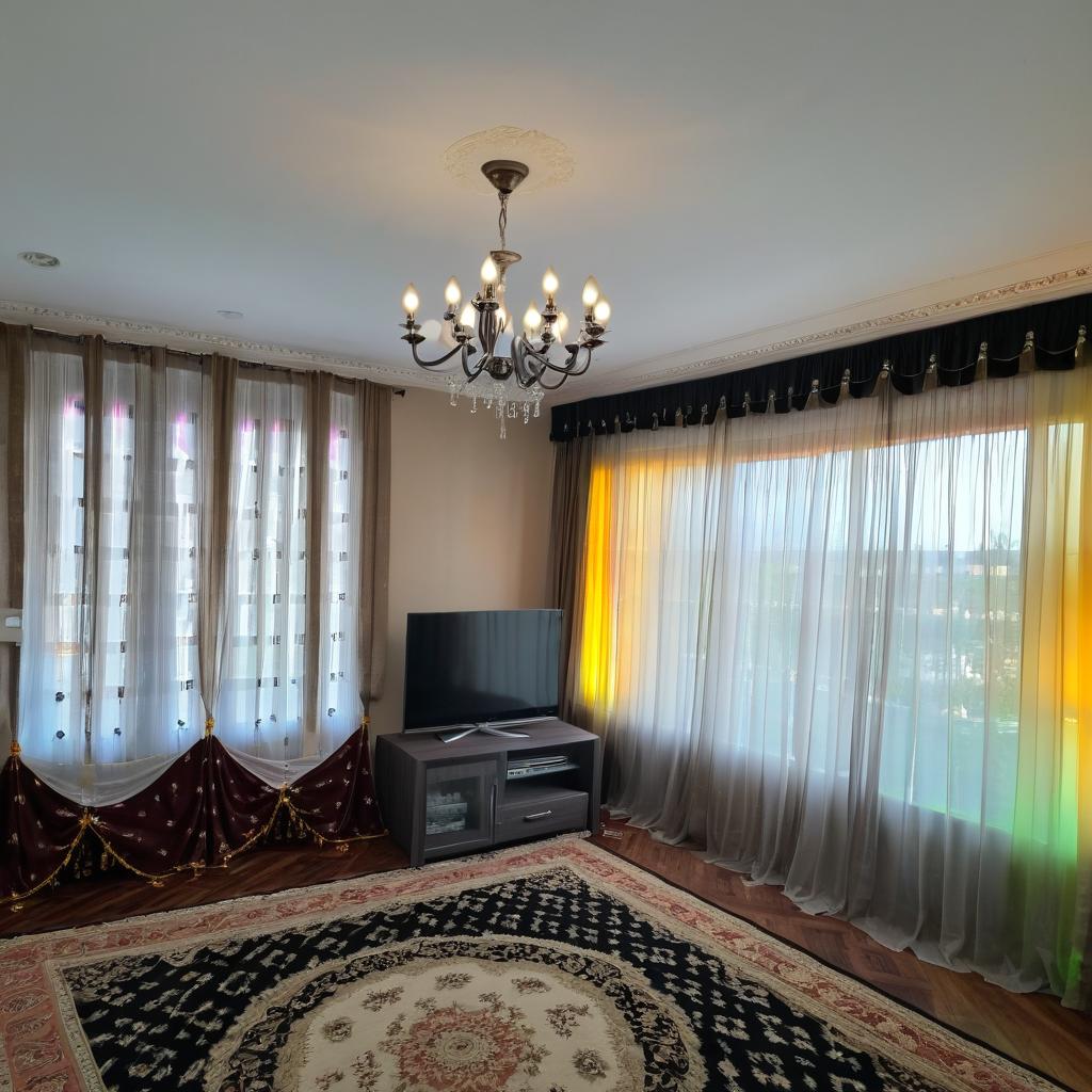 The floor is parquet, the curtain is on the right wall, the walls are matte black, the ceiling is matte black, there is a TV on the right wall, the corners of the wall are yellow LED strips, and a small chandelier with yellow light hangs from the ceiling.