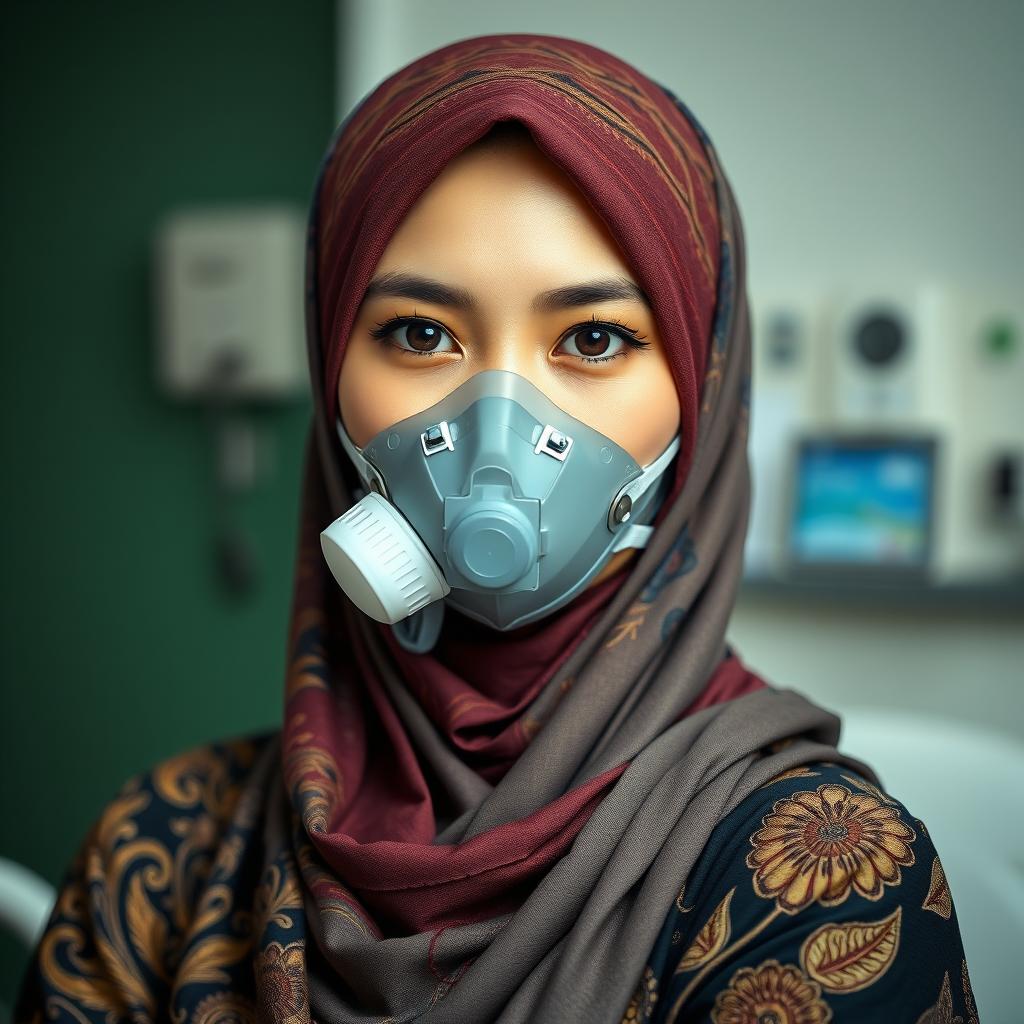 A beautiful Indonesian woman wearing a stylish hijab, showcasing her cultural attire with intricate patterns and vibrant colors