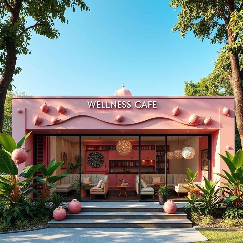 A stunning landscape front view of the 'Celestial Pitaya Wellness Cafe', a spacious and relaxing wellness café that emphasizes aesthetic design