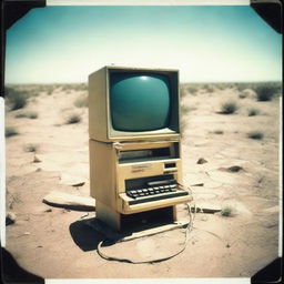 An 80s computer affixed onto a post in the middle of an arid desert, captured within a slightly faded, old Polaroid photo.