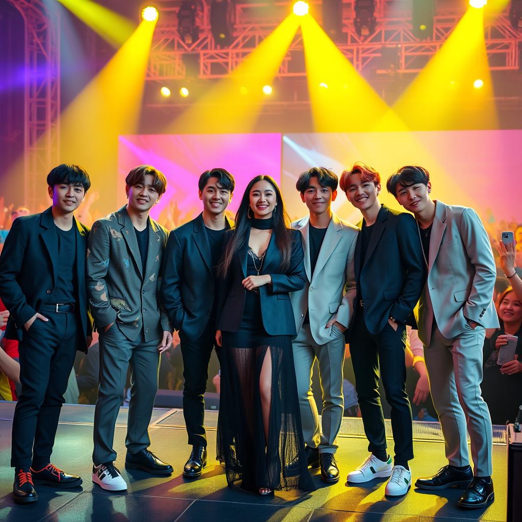 A vibrant, dynamic scene featuring the members of BTS together with Aina Asif in a lively setting