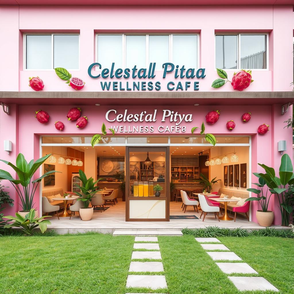 A beautiful and aesthetic front view of 'Celestial Pitaya Wellness Cafe', designed as a spacious and relaxing place
