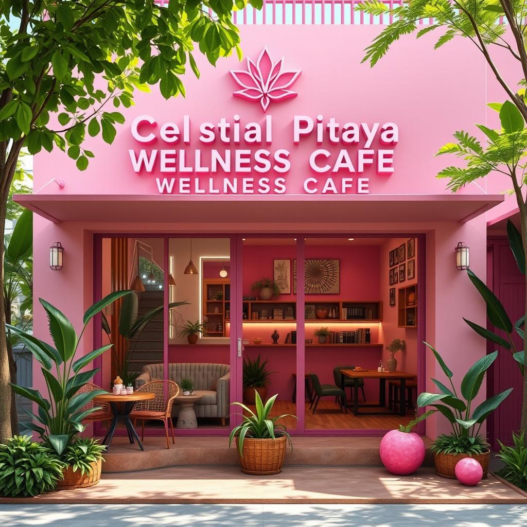 A realistic photo of a landscape front view of a Wellness Cafe named 'Celestial Pitaya Wellness Cafe'