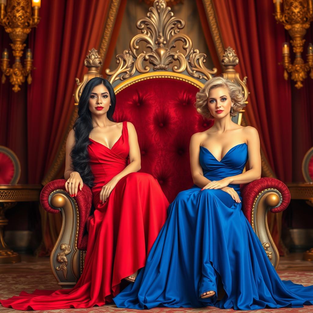Two women sitting on a large, ornate throne in a luxurious room