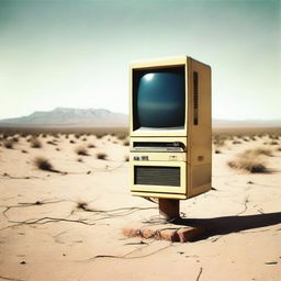 An 80s computer mounted on a tall post in the middle of a desert, captured as if from an aged, nostalgic Polaroid photo.