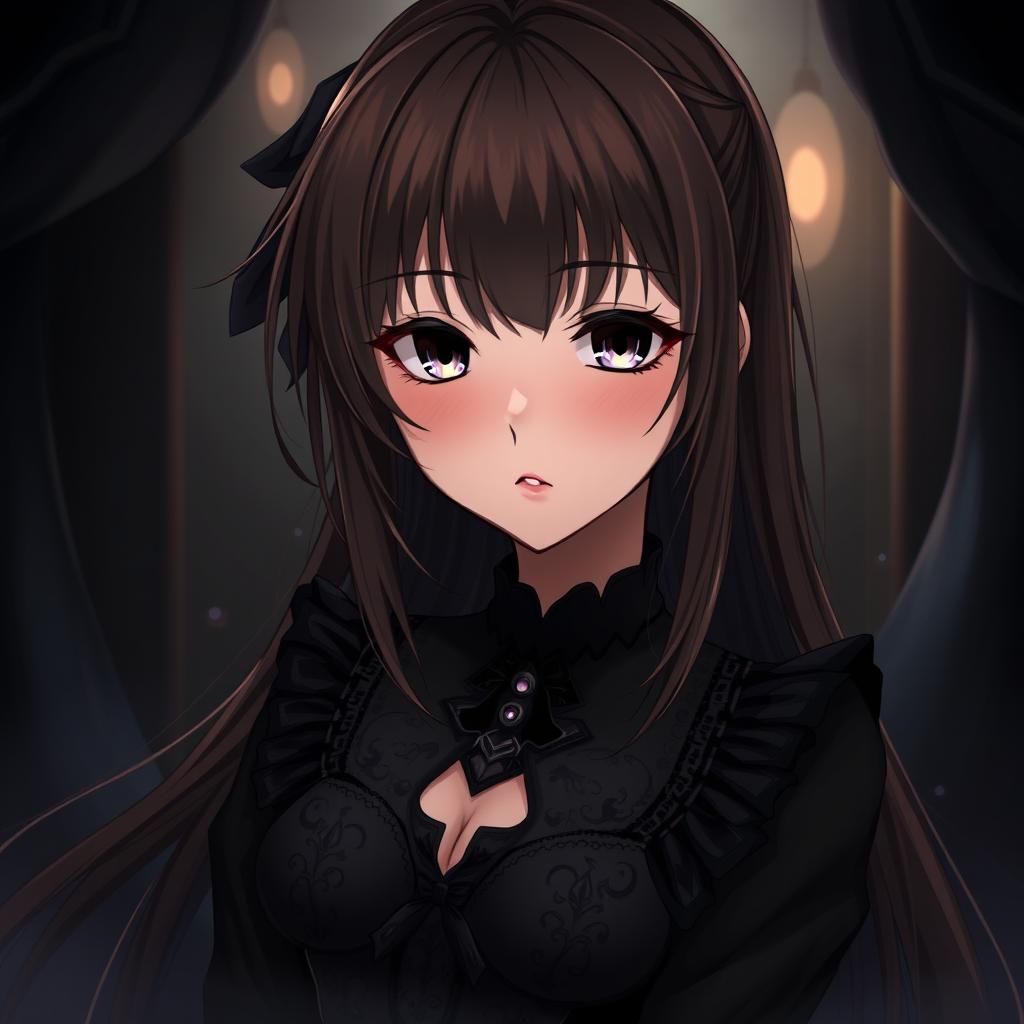 A striking anime girl with brown hair and slightly tanned skin, embodying a dark aesthetic