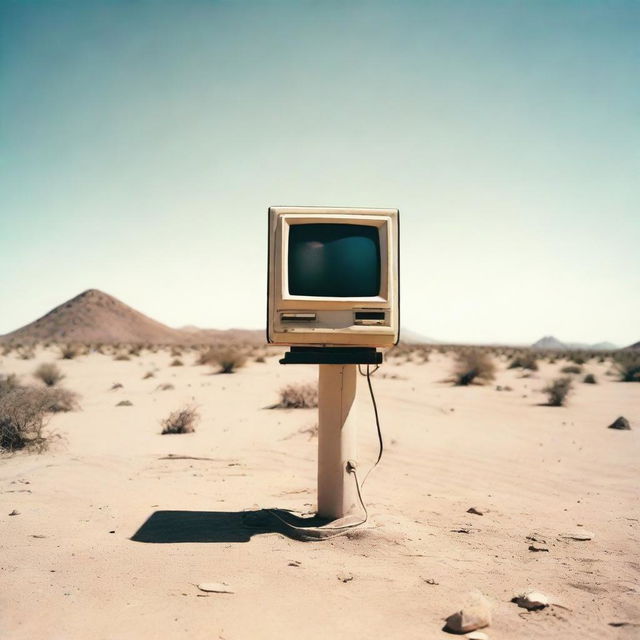 An 80s computer mounted on a tall post in the middle of a desert, captured as if from an aged, nostalgic Polaroid photo.