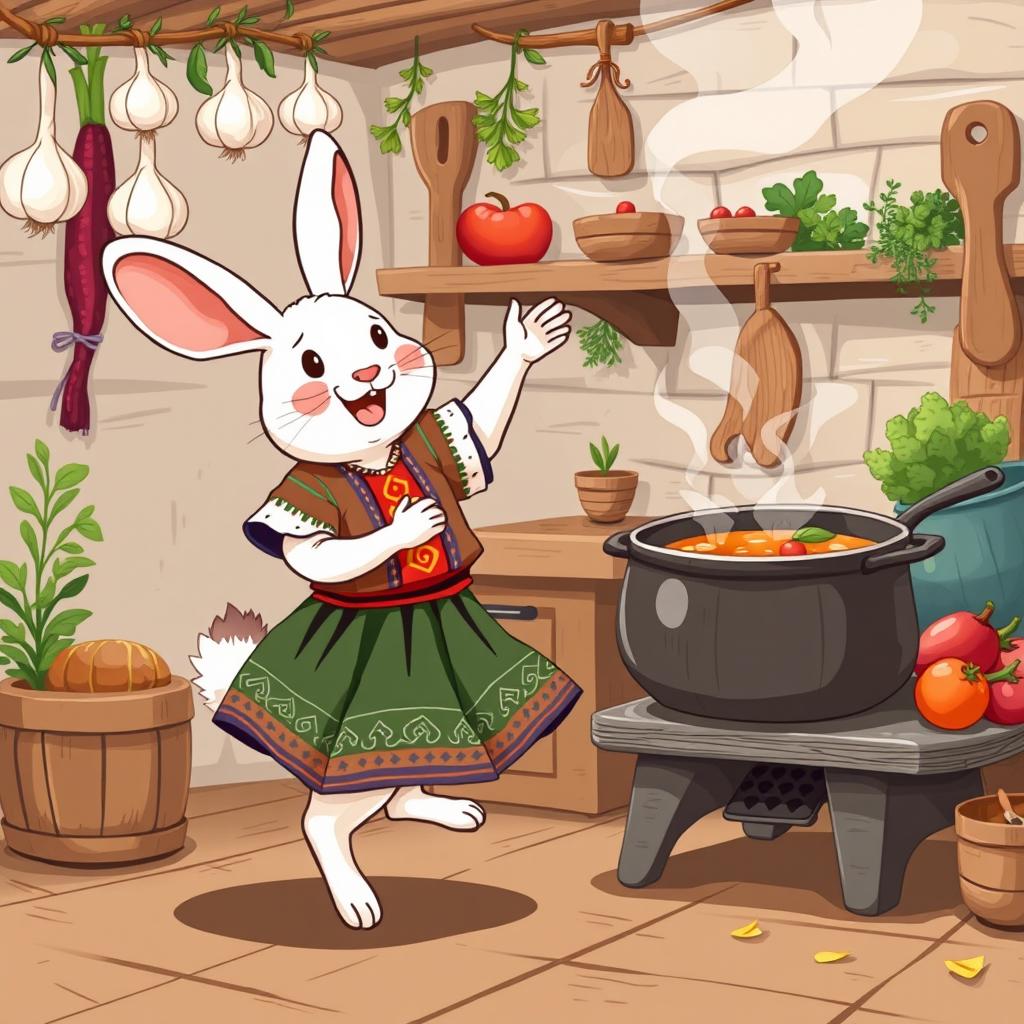 A whimsical illustration of a rabbit joyfully dancing the traditional Balkan dance called 'kyuchek', wearing a colorful traditional outfit