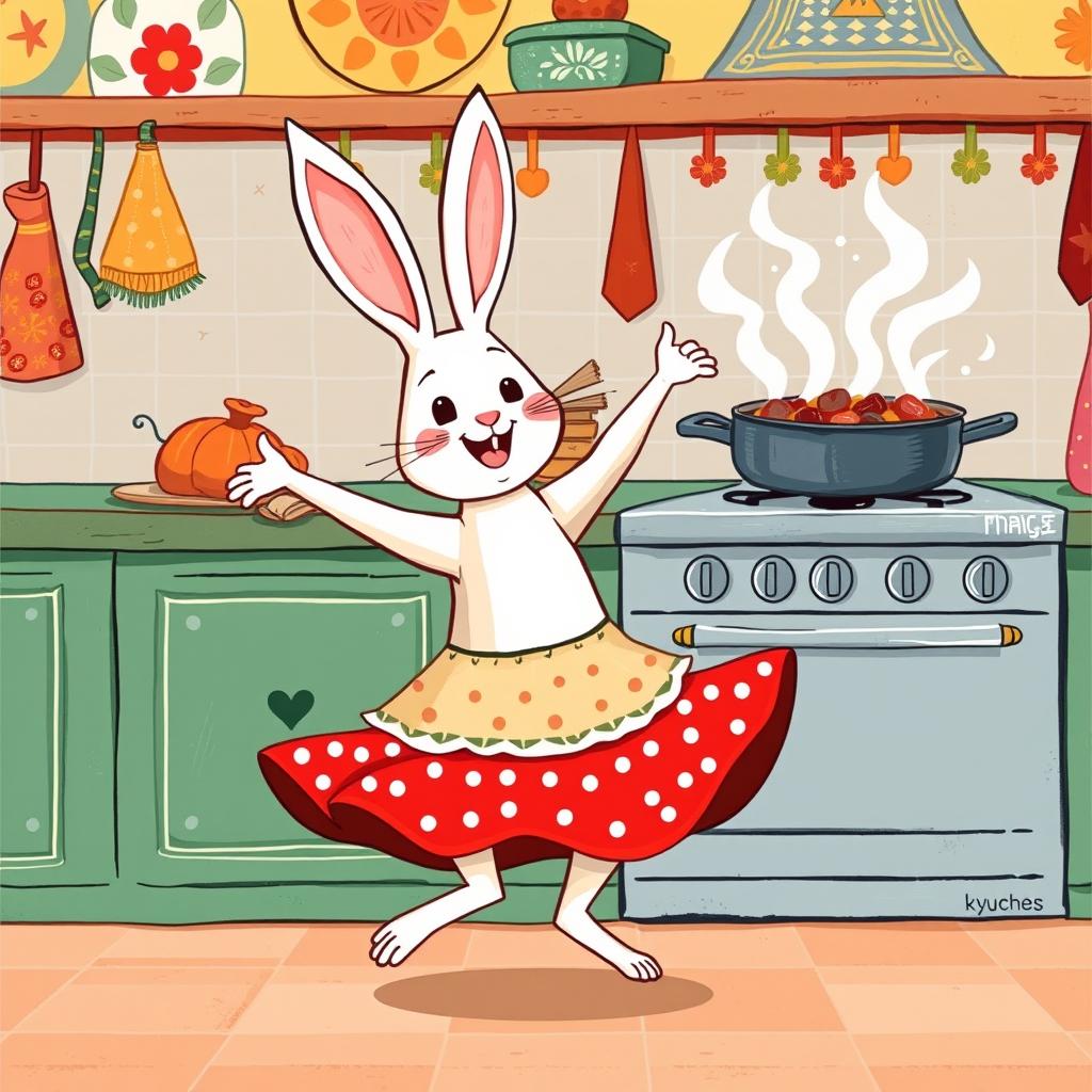 A whimsical illustration of a rabbit wearing a bright red skirt with polka dots, energetically dancing the traditional Bulgarian 'kyuchek' dance