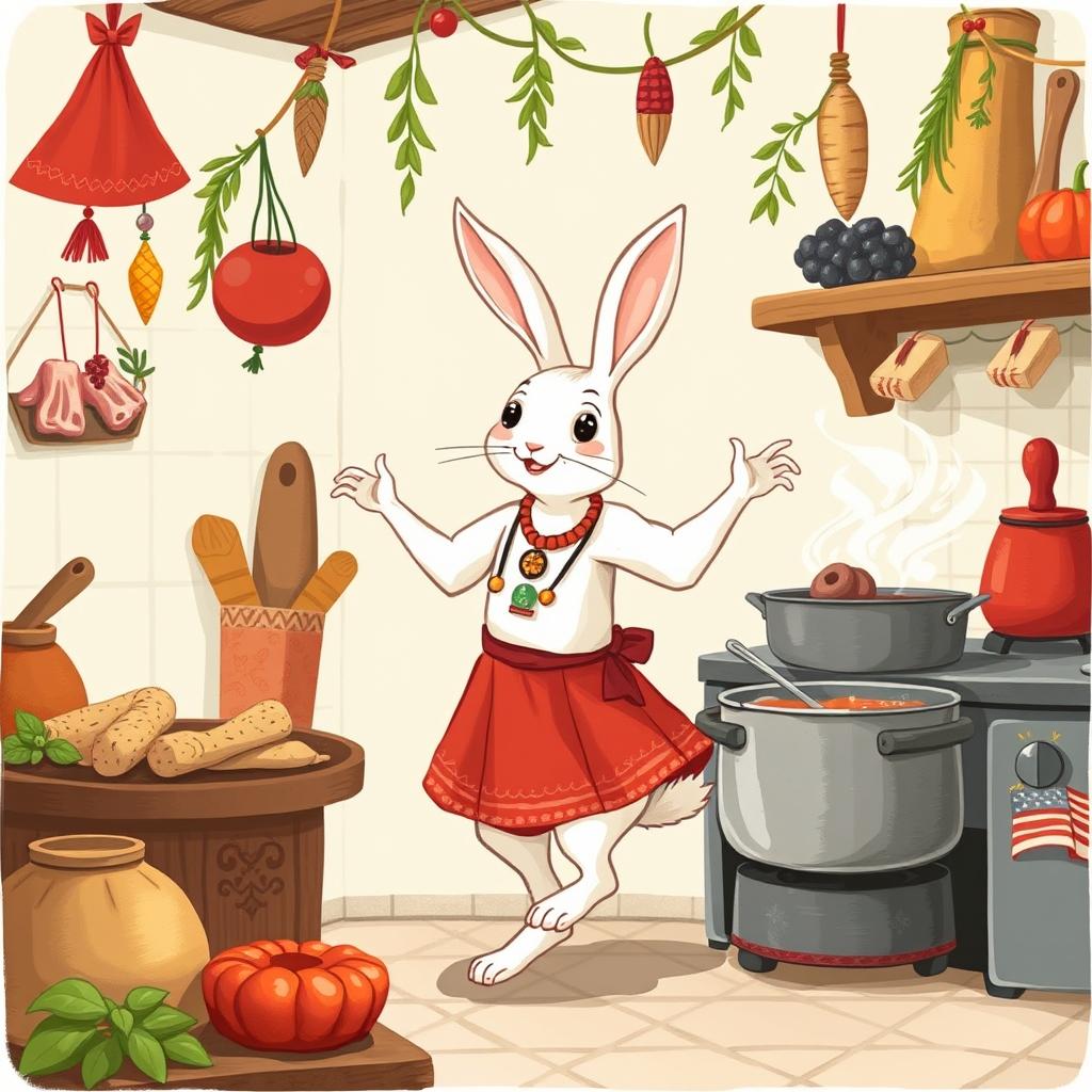 A whimsical illustration of a rabbit wearing a red skirt and pendants, joyfully dancing the traditional Bulgarian 'kyuchek' dance