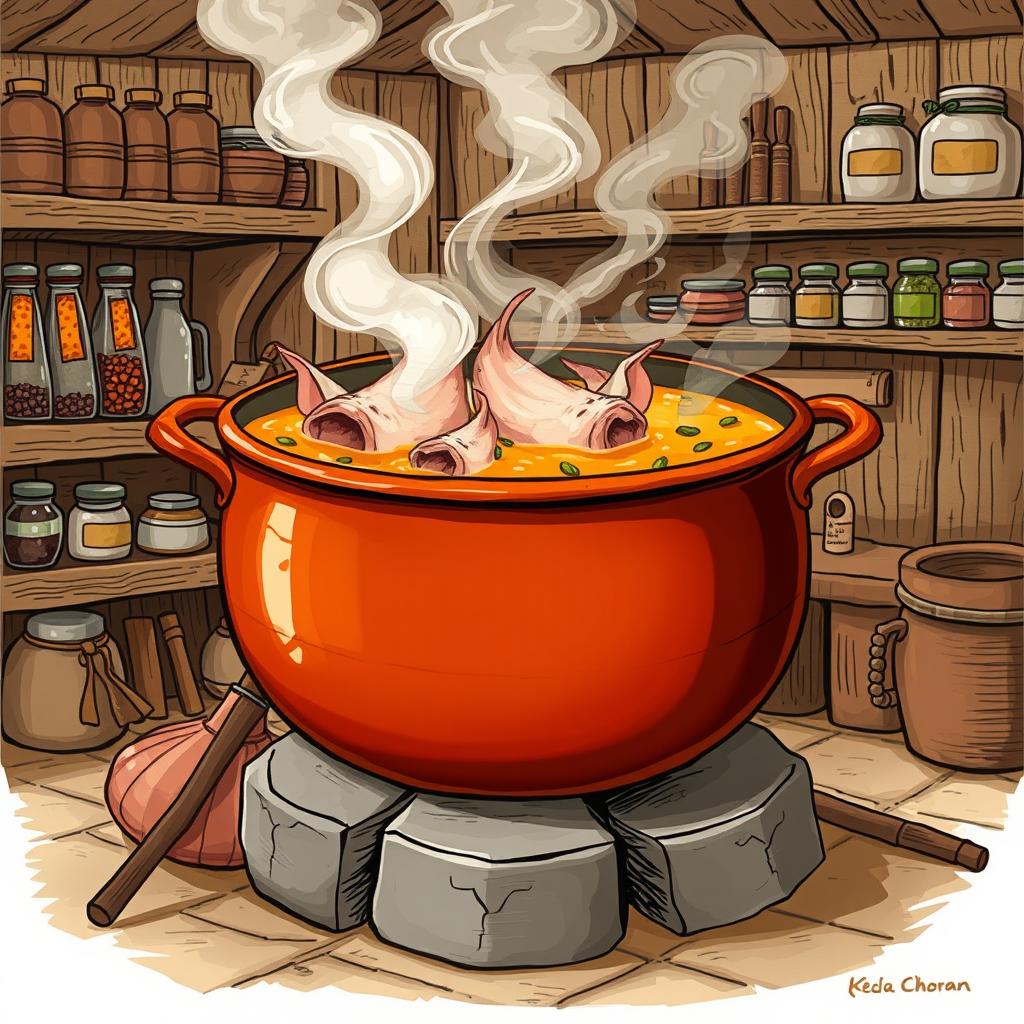An illustration of a large cauldron filled with 'pacha chorba', a traditional Balkan dish made from pig heads and bones