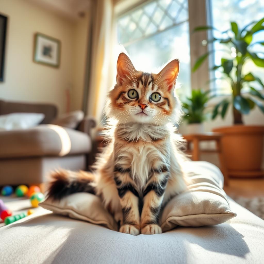A cute and fluffy cat sitting comfortably on a soft cushion in a cozy living room, sunlight streaming through the window, illuminating its fur