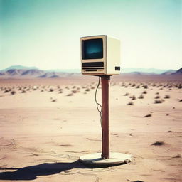 An 80s computer mounted on a tall post in the middle of a desert, captured as if from an aged, nostalgic Polaroid photo.