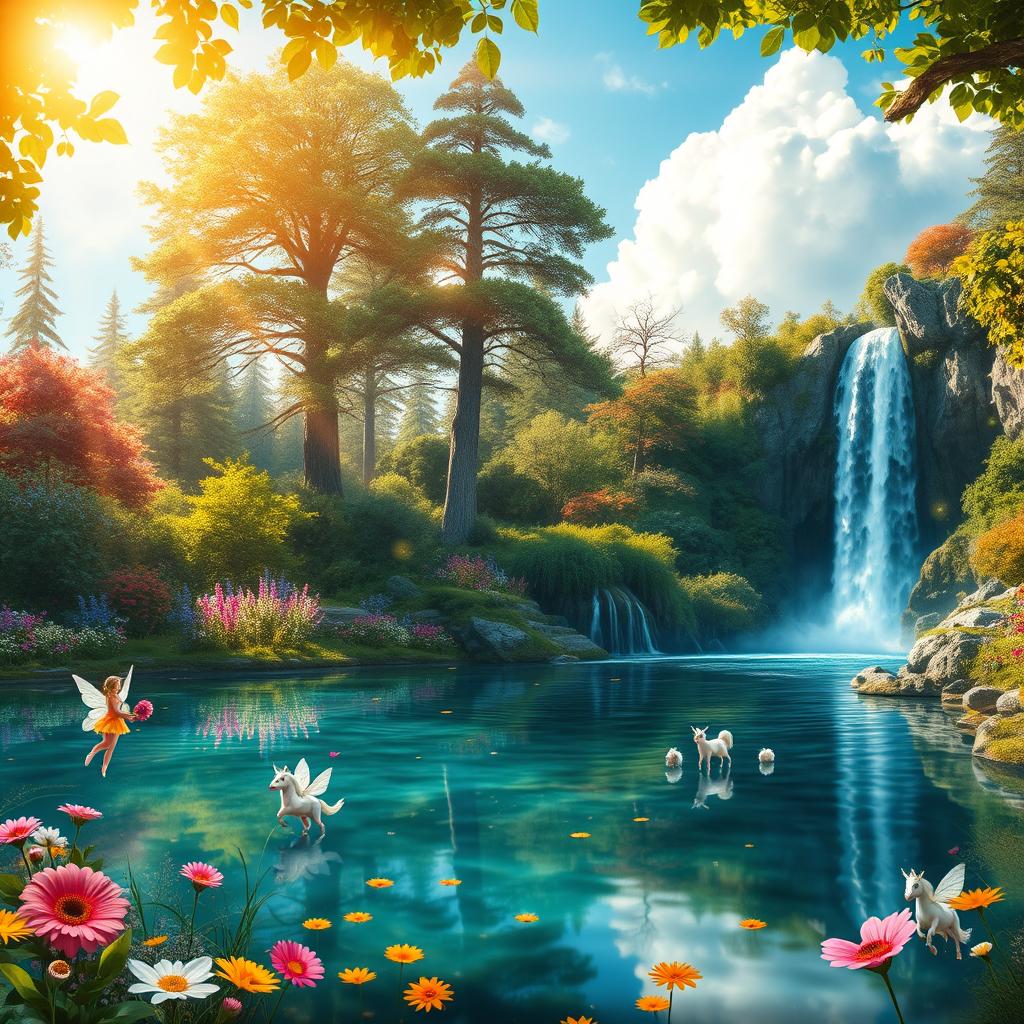 A beautiful, fantasy-inspired landscape featuring a lush, vibrant forest with tall, mystical trees and colorful flowers