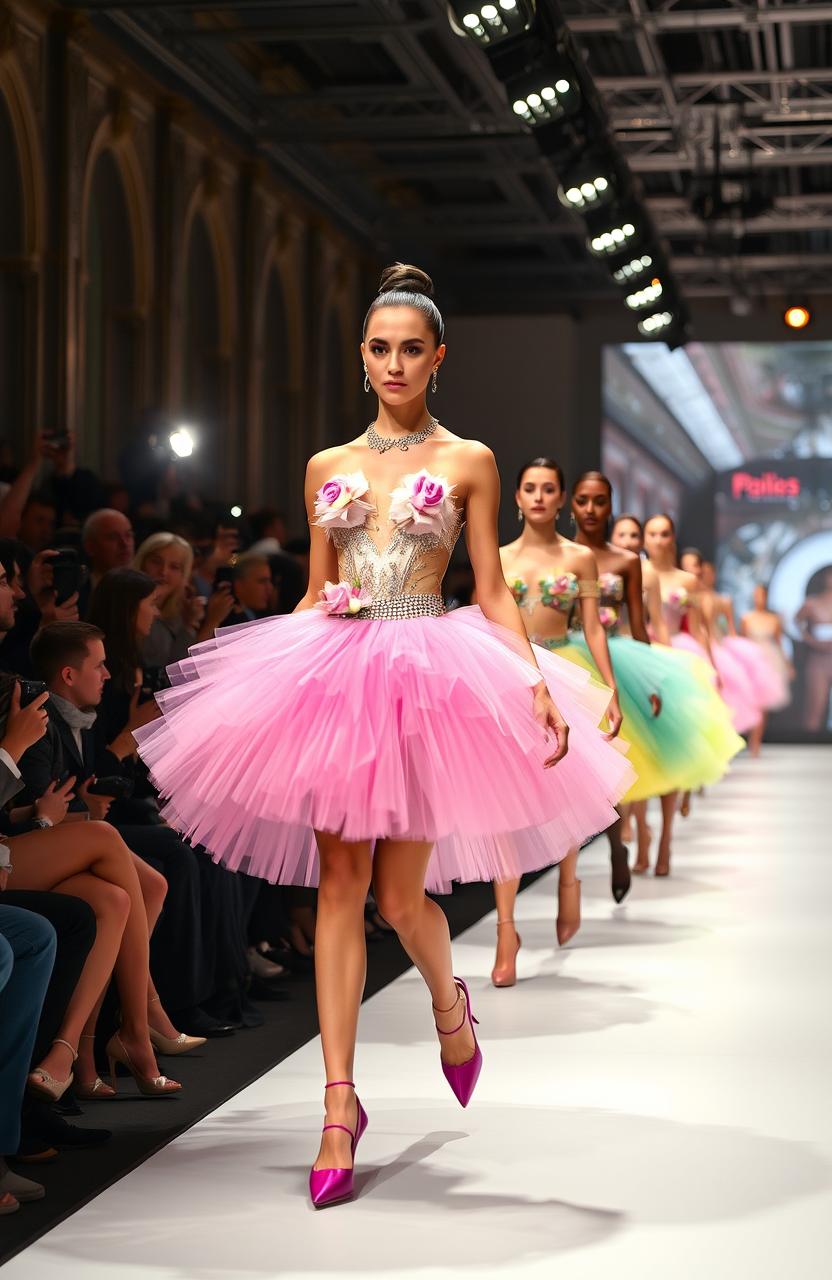 A stunning fashion runway scene in Paris, showcasing a vibrant and elegant tutu designed by Ralogaivau