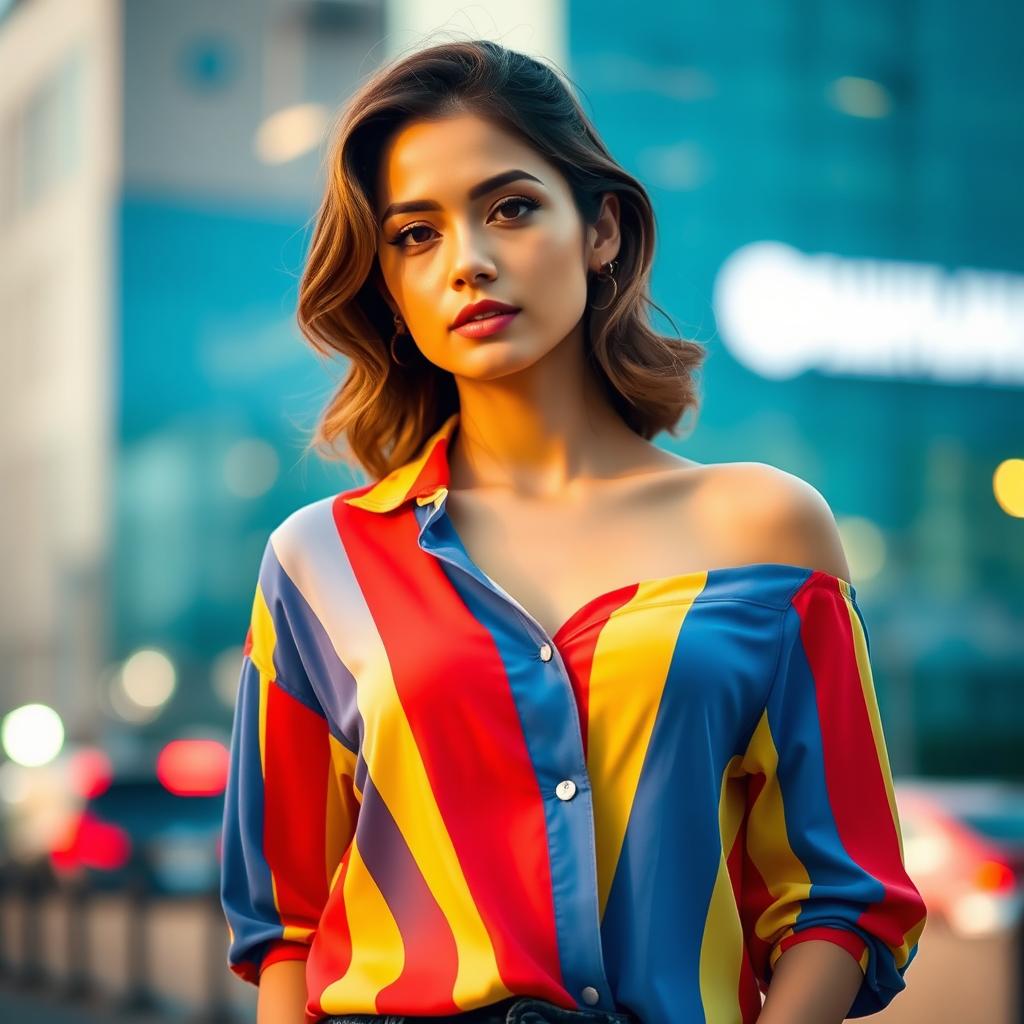 A stylish woman model wearing a vibrant striped shirt, showcasing a mix of bold colors like red, blue, and yellow