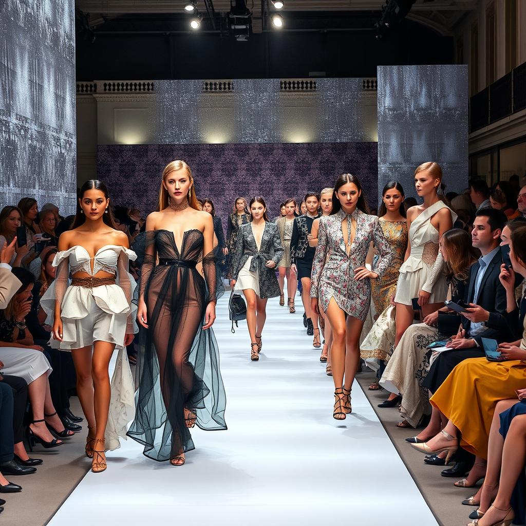 A mesmerizing fashion runway event set in the heart of Paris, showcasing an array of innovative and dreamy designs