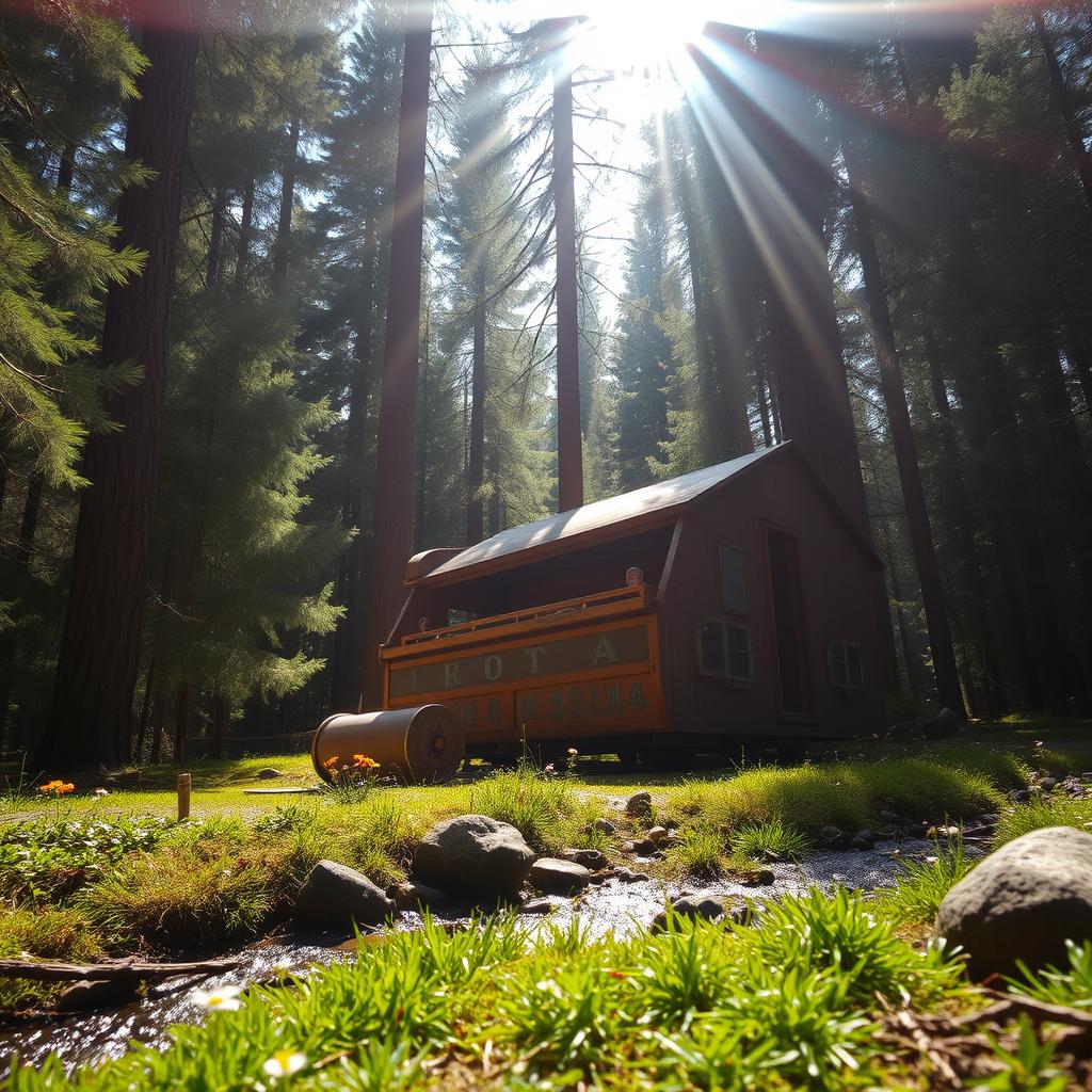 A mesmerizing view of a vintage cabin roller, nestled deep in a lush forest