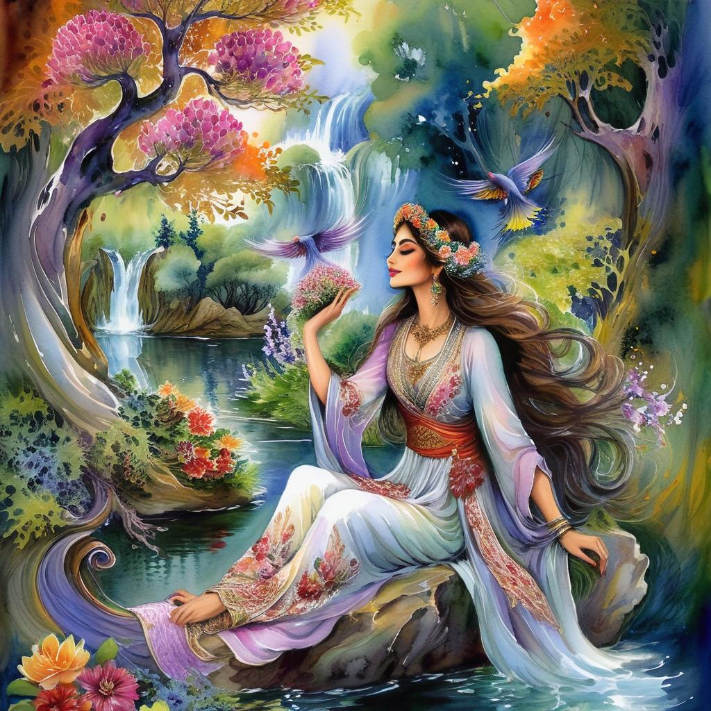Mystical and spiritual watercolor painting of a beautiful Iranian woman sitting on a rock on a beautiful and peaceful pond in a dense forest with cypress trees, plane trees, grapevines, winding bonsai trees, and a whirlwind of colorful flowers and beautiful.