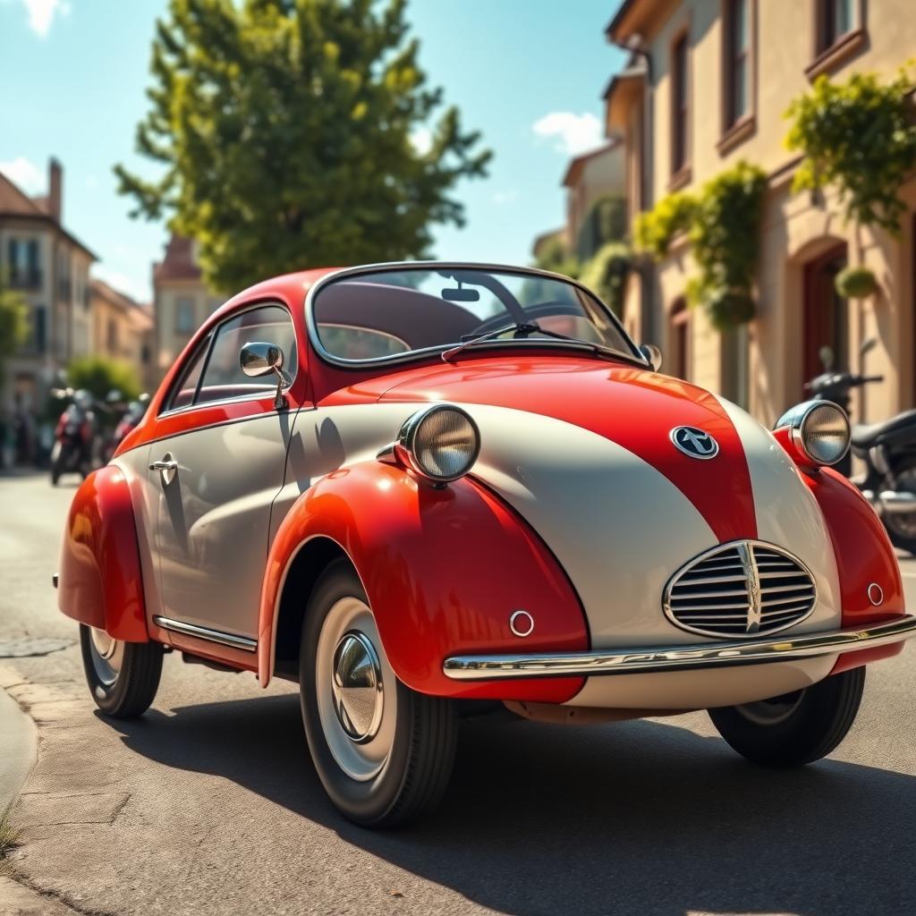 A beautifully detailed depiction of the Messerschmitt KR200 Velocar, showcasing its unique bubble-shaped design with a vibrant red and white color scheme