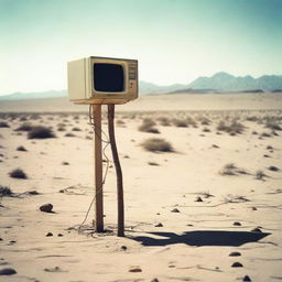 An 80s computer mounted on a tall post in the middle of a desert, captured as if from an aged, nostalgic Polaroid photo.