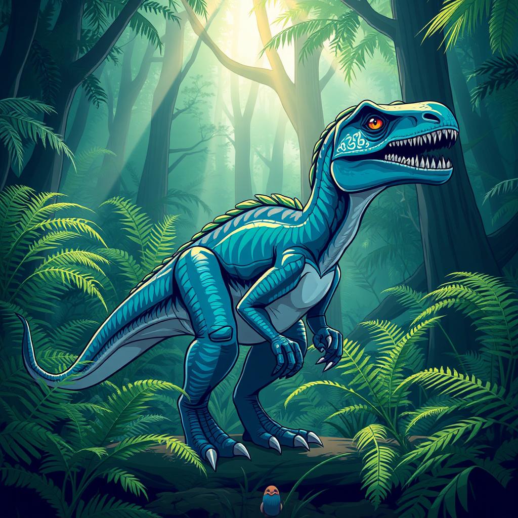 A stylized velociraptor, featuring detailed feathers and iridescent scales, standing in a lush prehistoric jungle filled with ferns and towering trees