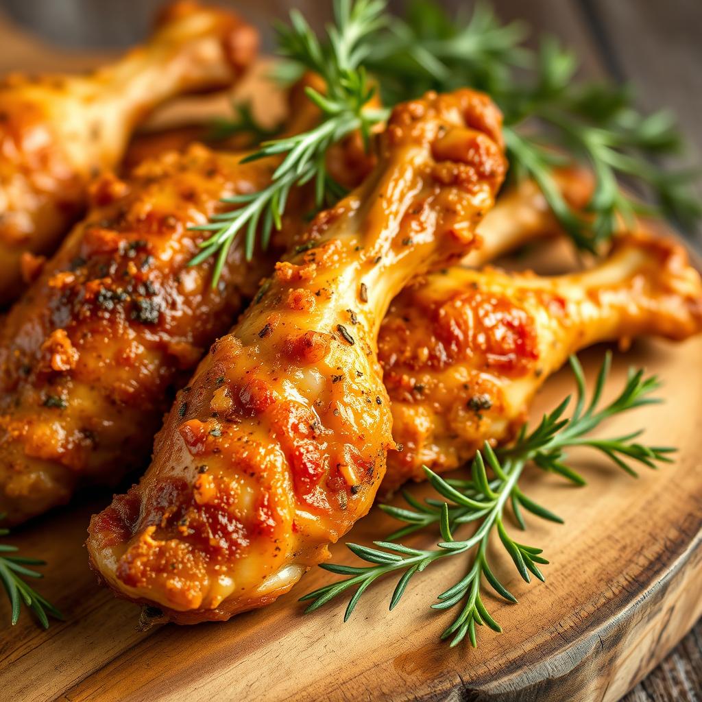 A close-up view of beautifully coated chicken necks, golden and crispy, displayed on a rustic wooden board