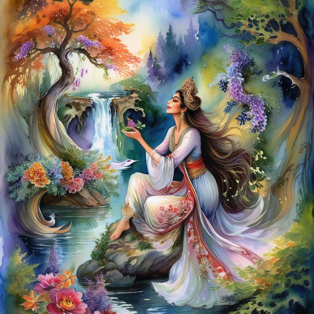 Mystical and spiritual watercolor painting of a beautiful Iranian woman sitting on a rock on a beautiful and peaceful pond in a dense forest with cypress trees, plane trees, grapevines, winding bonsai trees, and a whirlwind of colorful flowers and beautiful.