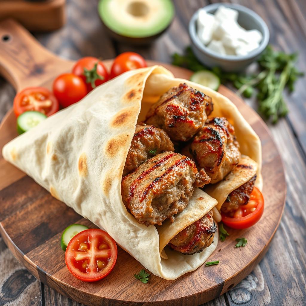 A delicious double serving of lamb kebab (шашлык люля) wrapped in soft, warm lavash bread