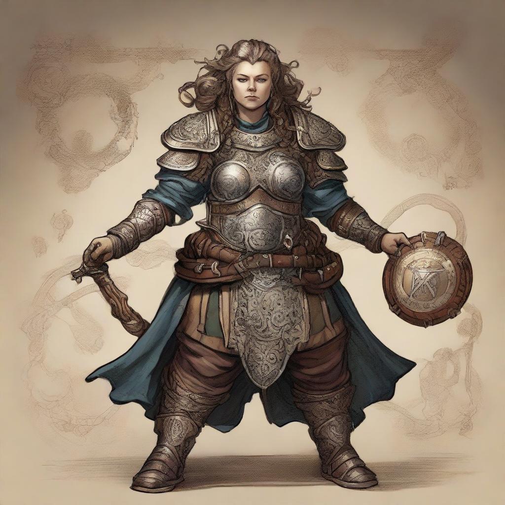 A female dwarf kineticist in detailed fullplate armor, intricately engraved with symbols of her two gate attenuators, emblematic of her connection to the wood and earth planes. Elements of wood and earth swirl dynamically around her.