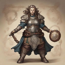 A female dwarf kineticist in detailed fullplate armor, intricately engraved with symbols of her two gate attenuators, emblematic of her connection to the wood and earth planes. Elements of wood and earth swirl dynamically around her.