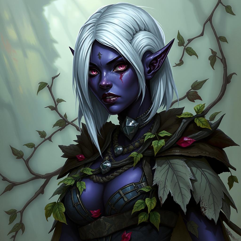 A female Dungeons & Dragons character, an African-looking dark elf drow druid