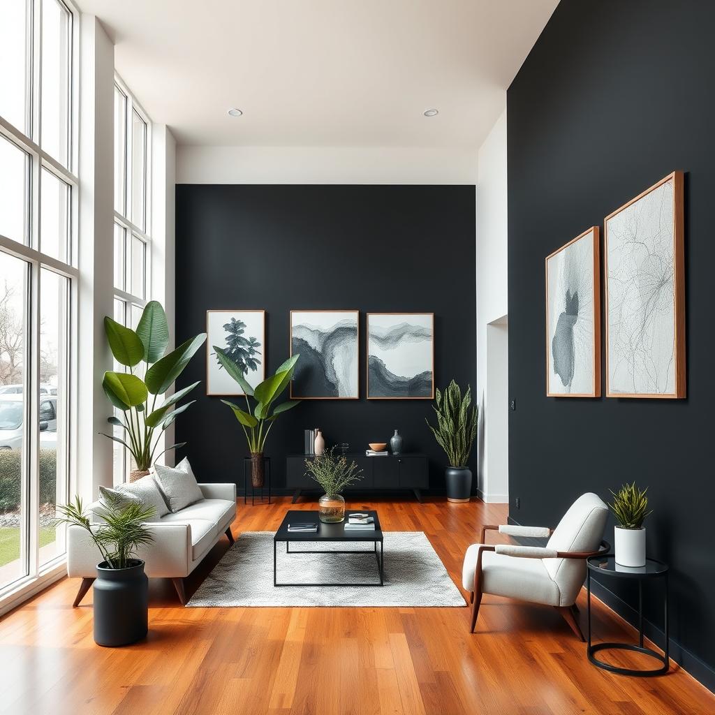 A modern interior room featuring a black wall on the right side, showcasing a stylish design with ample natural light coming from large windows