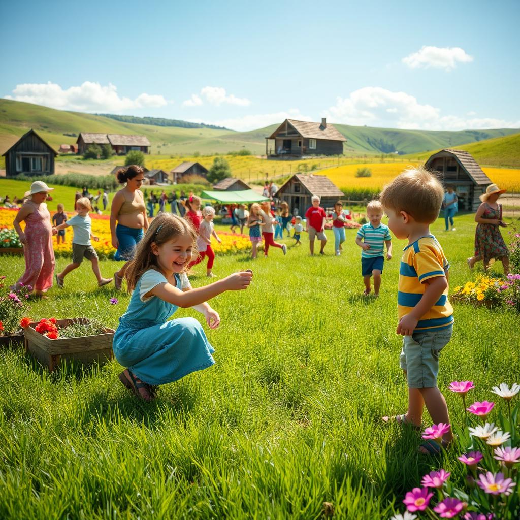 A vibrant village scene set in a bright sunny grassy field