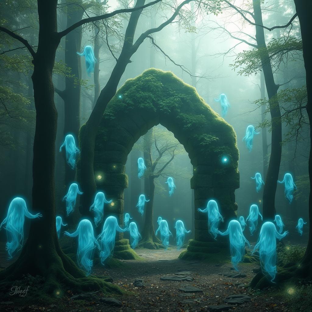 A mystical forest filled with ethereal ghosts, glowing softly in various shades of blue and green