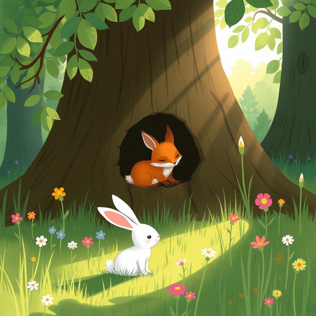 In spring, a small white rabbit stands in front of a tree hollow, where a tiny fox is peacefully sleeping inside