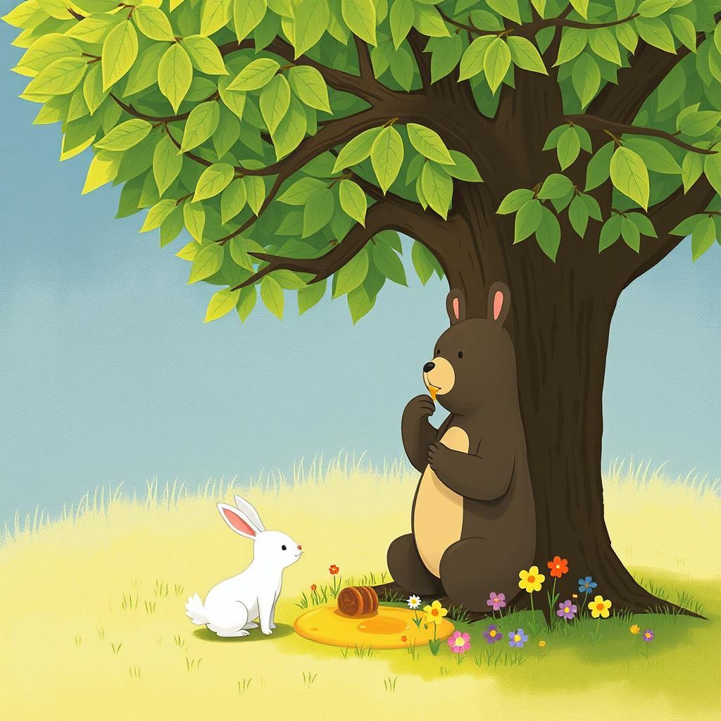 In springtime, a small white rabbit stands beneath a large tree, where a cute little bear is enjoying honey from a honeycomb