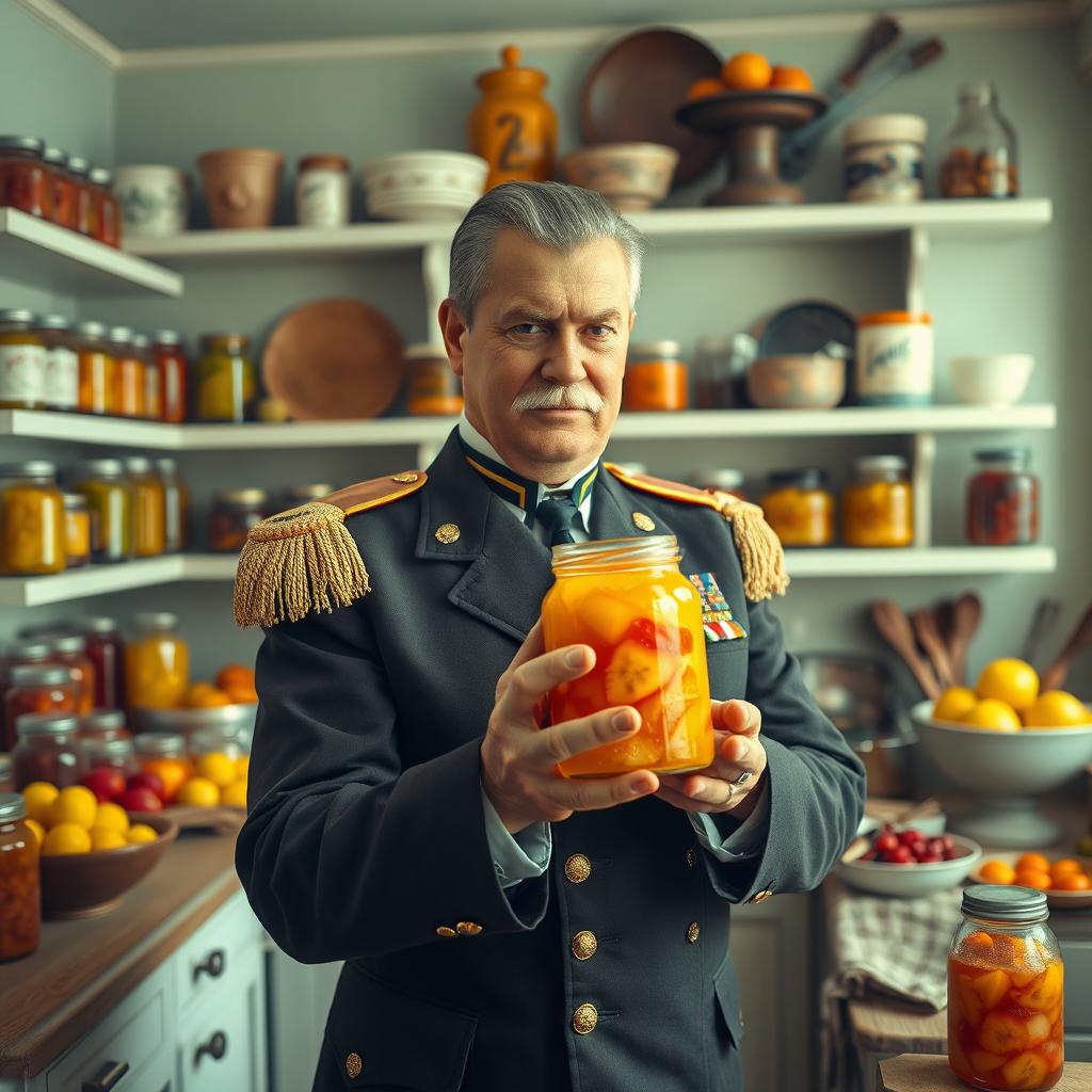 A surrealistic scene depicting a vintage-styled kitchen filled with various colorful jars of homemade fruit compote