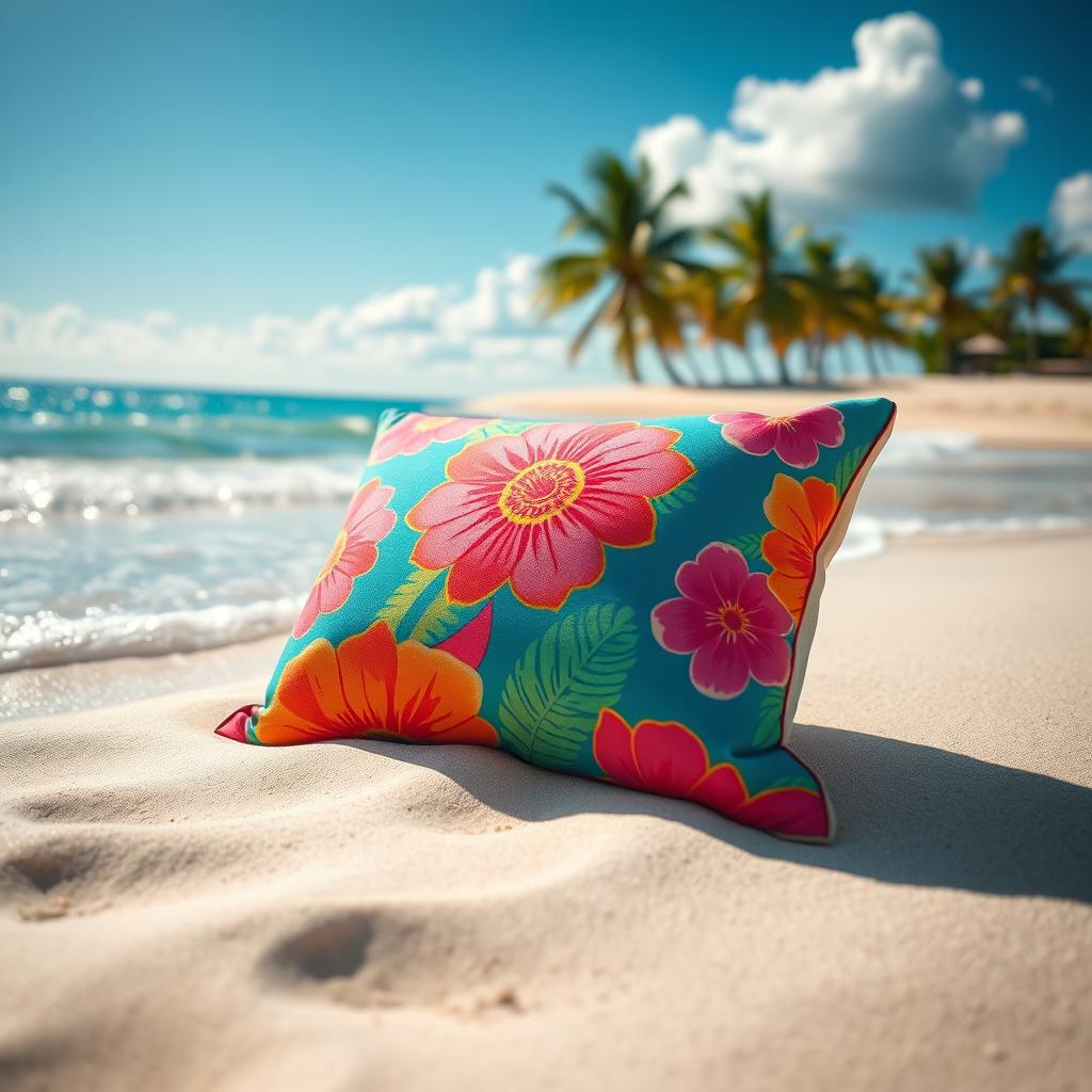 A vibrant and colorful pillow resting on a sandy beach, surrounded by bright blue waves gently lapping at the shore